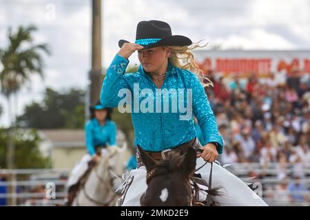 Homestead, FL, USA. 28th January 2023. 74th Annual Homestead Championship Rodeo, presented by Downrite Engineering and Spitzer Chrysler Dodge Jeep Ram of Homestead. Barrel Racing, Bull Riding, Tie Down Roping, Team Roping, Saddle Bronc Riding, Bareback Bronc Riding, Steer Wrestling, John Harrison Specialty Act, Homestead Everglades Posse Specialty Act. PRCA. Credit: Yaroslav Sabitov/YES Market Media/Alamy Live News Stock Photo