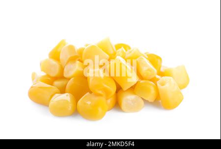 Pile of delicious canned corn isolated on white Stock Photo
