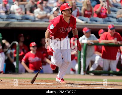 Philadelphia Phillies' J.T. Realmuto watches a home run during a baseball  game, Thursday, Aug. 10, 2023, in Philadelphia. (AP Photo/Matt Slocum Stock  Photo - Alamy