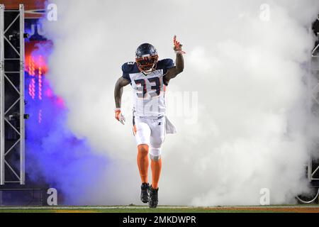 Orlando Apollos safety Will Hill III (33) has a laugh during warmups before  an AAF football game against Arizona Hotshots Saturday, March 16, 2019, in  Orlando, Fla. (AP Photo/Phelan M. Ebenhack Stock