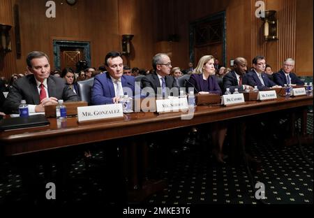From l-r., Richard A. Gonzalez , Chairman and Chief Executive Officer AbbVie Inc., Pascal Soriot, Executive Director and Chief Executive Officer AstraZeneca, Giovanni Caforio, M.D. Chairman of the Board and Chief Executive Officer Bristol-Myers Squibb Co., Jennifer Taubert, Executive Vice President, Worldwide Chairman, Janssen Pharmaceuticals Johnson & Johnson, Kenneth C. Frazier, Chairman and Chief Executive Officer Merck & Co., Inc., Albert Bourla, DVM, Ph.D. Chief Executive Office Pfizer, Olivier Brandicourt, M.D. Chief Executive Officer Sanofi, wait to testify before the Senate Finance Com