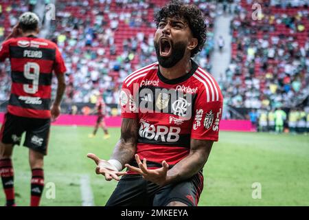 Gabriel Barbosa of Flamengo heads the ball during a Brasileirao