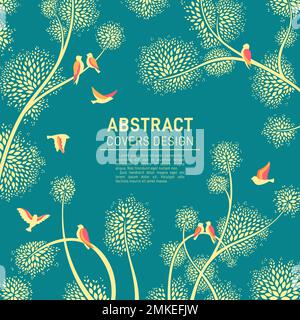 Flock of bird and tree abstract square art template. Asian exotic pattern backdrop, background template with dove fowl birds. Elegance ornament, decorative web internet banner, social media posts Stock Vector
