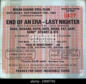 Wigan Casino Soul Club ticket, allnighter with Russ, Richard, Keith, Dave and Brian, free draw at 3:30am - End of an era - last nighter Stock Photo