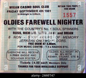 Wigan Casino Soul Club ticket, allnighter with Russ, Richard, Keith, Dave and Brian, free draw at 3:30am, Friday 4th Sep 1981 Stock Photo
