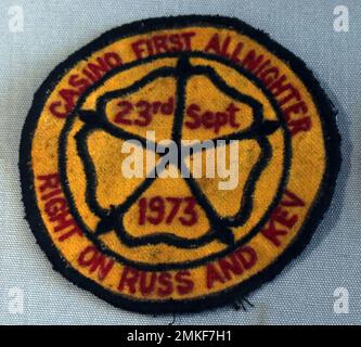 Wigan Casino Soul Club, first allnighter, 23rd Sept 1973 sew on badge, Right on Russ and Kev Stock Photo