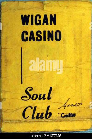 Wigan Casino Soul Club, gents membership card, Casino Club, Station Road, Wigan, Lancashire, England, UK WN1 0SD Stock Photo