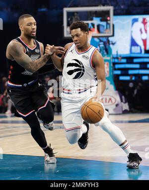 Team Giannis Kyle Lowry of the of the Toronto Raptors moves past Team LeBron s Damian Lillard of the Portland Trail Blazers during the first half of an NBA All Star basketball game Sunday