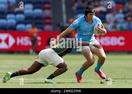 Sydney, Australia. 28th Jan, 2023. Eugenio Plottier of Uruguay is tackled during the 2023 Sydney Sevens match between South Africa and Uruguay at Allianz Stadium on January 28, 2023 in Sydney, Australia Credit: IOIO IMAGES/Alamy Live News Stock Photo