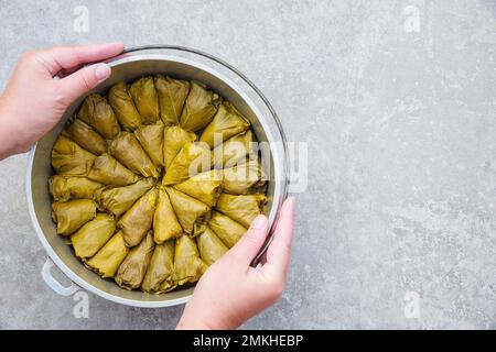 Turkish stuffed grape leaves filled with mainly rice and herbs. Stock Photo