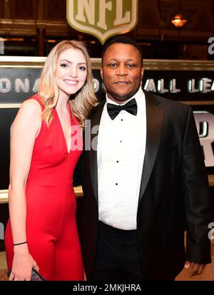 Former nfl player barry sanders, right, attends the 8th annual nfl honors  at the fox theatre on saturday, feb. 2, 2019, in atlanta. (photo by joy  asico/invision for nfl/ap images stock photo