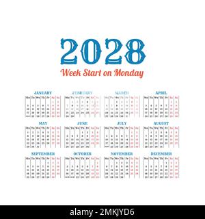 2028 Calendar with the weeks start on Monday Stock Vector Image & Art -  Alamy