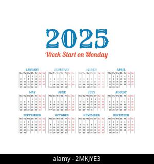 2025 vintage vector calendar template. Weeks start on Monday Stock Vector