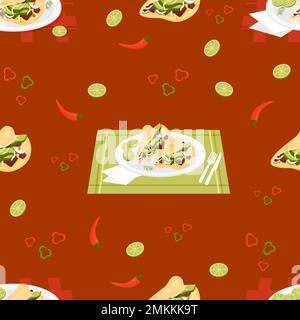 Seamless pattern with Mexican Tacos. latin american food in plate on burgundy background with chili peppers and lime slices. Vector illustration. Endl Stock Vector