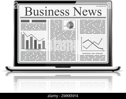 Business news with an abstract text and different graphs and charts on the screen of laptop. Isolated on white background. Vector eps10 illustration. Stock Vector