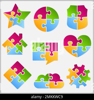 Set of different objects made of puzzle pieces, design elements for your logo, vector eps10 illustration Stock Vector