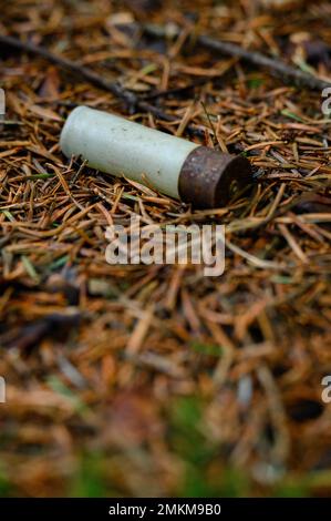 Old used and rusty cartridge case in the woods, cartridge case for weapons and hunting. Stock Photo