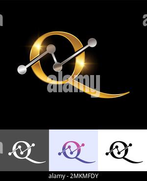 A vector illustration set of Golden Technology Monogram Logo Letter Q in black background with gold shine effect Stock Vector