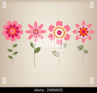 Set of Pink Flowers Hand Drawn Vector Illustration, Collection of Pink Floral Botanical Ornamental Vector Background Stock Photo