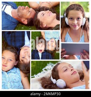 This family loves the outdoors. Composite image of different members of a family relaxing outdoors. Stock Photo