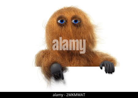 Hairy monster pointing at white space for copy space, isolated on white background, 3D rendering. Stock Photo