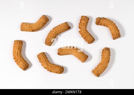 Top view of delicious sweet homemade shortbread rounded biscuits isolated on white background Stock Photo