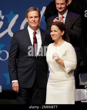 Maria Lee, wife of Tennessee Gov. Bill Lee, walks onto the stage to join  her husband after he was declared the winner in his bid for re-election  Tuesday, Nov. 8, 2022, in