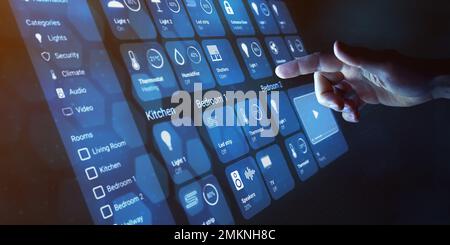 Smart home dashboard to control smart devices and set up home automation technology. Assistant for connected devices, smart lock, lights, thermostat. Stock Photo