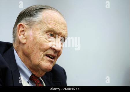 FILE - In this Tuesday, May 20, 2008, file photo, John Bogle, founder of The Vanguard Group, talks during an interview with The Associated Press, in New York. Vanguard announced Wednesday, Jan. 16, 2019, that John C. 'Jack' Bogle has died at the age of 89. (AP Photo/Mark Lennihan, File)