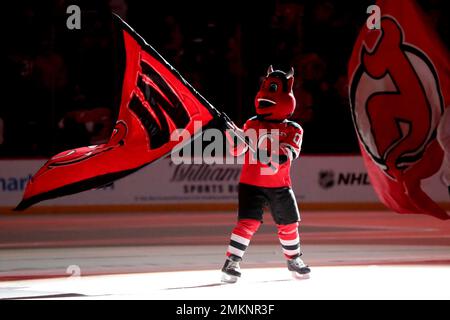 The mascot NJ Devil of New Jersey Devils is pictured during a NHL  friendly game between Switzerland's SC Bern and New Jersey Devils, Monday,  Oct. 1, 2018, at the Postfinance Arena in