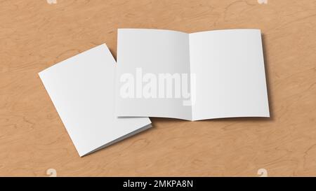 Half-folded flyer A4 booklet mock up on wooden background Stock Photo