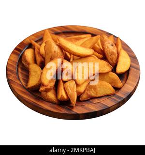 Portion of baked potato wedges on wooden plate Stock Photo