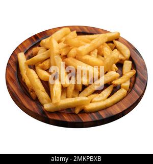 Portion of french potato fries on wooden plate Stock Photo