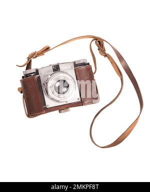 Vintage photographic machine with brown leather case and shoulder strap Stock Photo