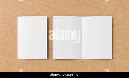 Half-folded flyer A4 booklet mock up on wooden background Stock Photo