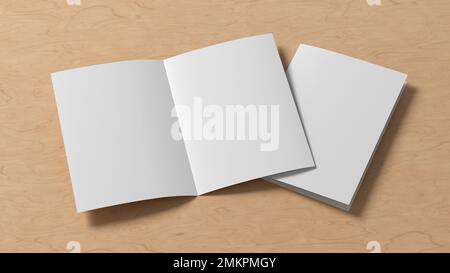 Half-folded flyer A4 booklet mock up on wooden background Stock Photo