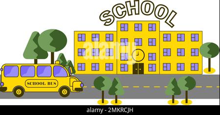 Yellow school bus on its way to school building, drawing in flat style on transparent background Stock Vector