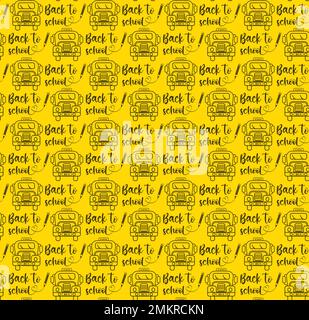 Seamless pattern with school bus on yellow background drawing in outline style Stock Vector