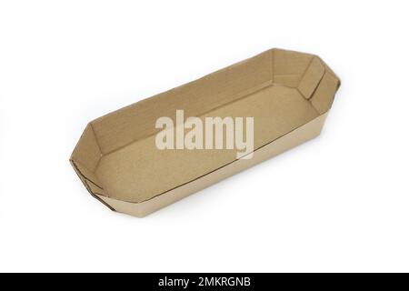 Brown paper dish or craft food tray isolated on white background. Stock Photo