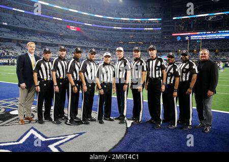 Replay Assistant Roddy Ames, from left, line judge Bart Longson (2), Down  Judge David Oliver, field judge Terry Brown (43), umpire Carl Paganelli  (124), referee Walt Anderson (66), referee Carl Cheffers (51)