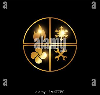 A vector illustration of Golden Circle of Flame, Snowflake, Wrench and Fan Sign Stock Vector