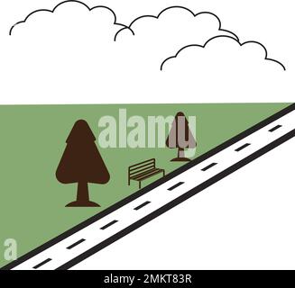 City park line icon, nature concept, trees, sky and bench sign on white background, urban public place icon in outline style for mobile concept and we Stock Vector