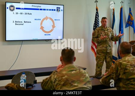 U.S. Air Force Senior Master Sgt. Robert Fluharty, the 167th Airlift Wing Human Resource Advisor, teaches a resilience class at the 167th Airlift Wing, Martinsburg, West Virginia, Sept. 11, 2022. The class was held a part of the 167th Wing Resilience day, and provided Airmen with improved unit communication and conflict resolution skills. Stock Photo