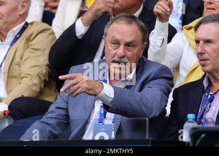 Melbourne, Australia. 29th Jan, 2023. Tennis legend John Newcombe at the Novak Djokovic of Serbia against Stefanos Tsitsipas of Greece match during the MenÕs Final match, Day 14 at the Australian Open Tennis 2023 at Rod Laver Arena, Melbourne, Australia on 29 January 2023. Photo by Peter Dovgan. Editorial use only, license required for commercial use. No use in betting, games or a single club/league/player publications. Credit: UK Sports Pics Ltd/Alamy Live News Stock Photo