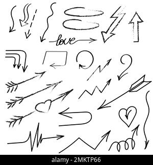Doodle vector arrows and design elements. Hand drawn set of icons, frames, borders, arrows in cartoon style. Elements for infographics. Stock Vector