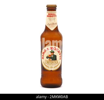 BUCHAREST, ROMANIA - FEBRUARY 7, 2020. Bottle of Birra Moretti L'Autentica isolated on white Stock Photo