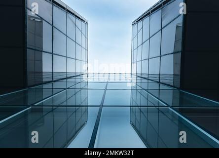 A look at a modern glass skyscraper in the city center. Finance center Stock Photo