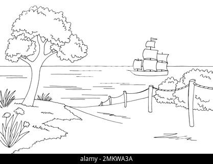 Sea coast graphic black white landscape sketch illustration vector Stock Vector