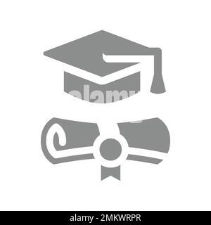 Diploma certificate and graduation cap icon. Academic degree fill vector symbol. Stock Vector