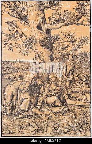 The Rest on the flight into Egypt. Xilografia in chiaroscuro 1509.  Lucas Cranach The Elder, famous painter and engraver Stock Photo